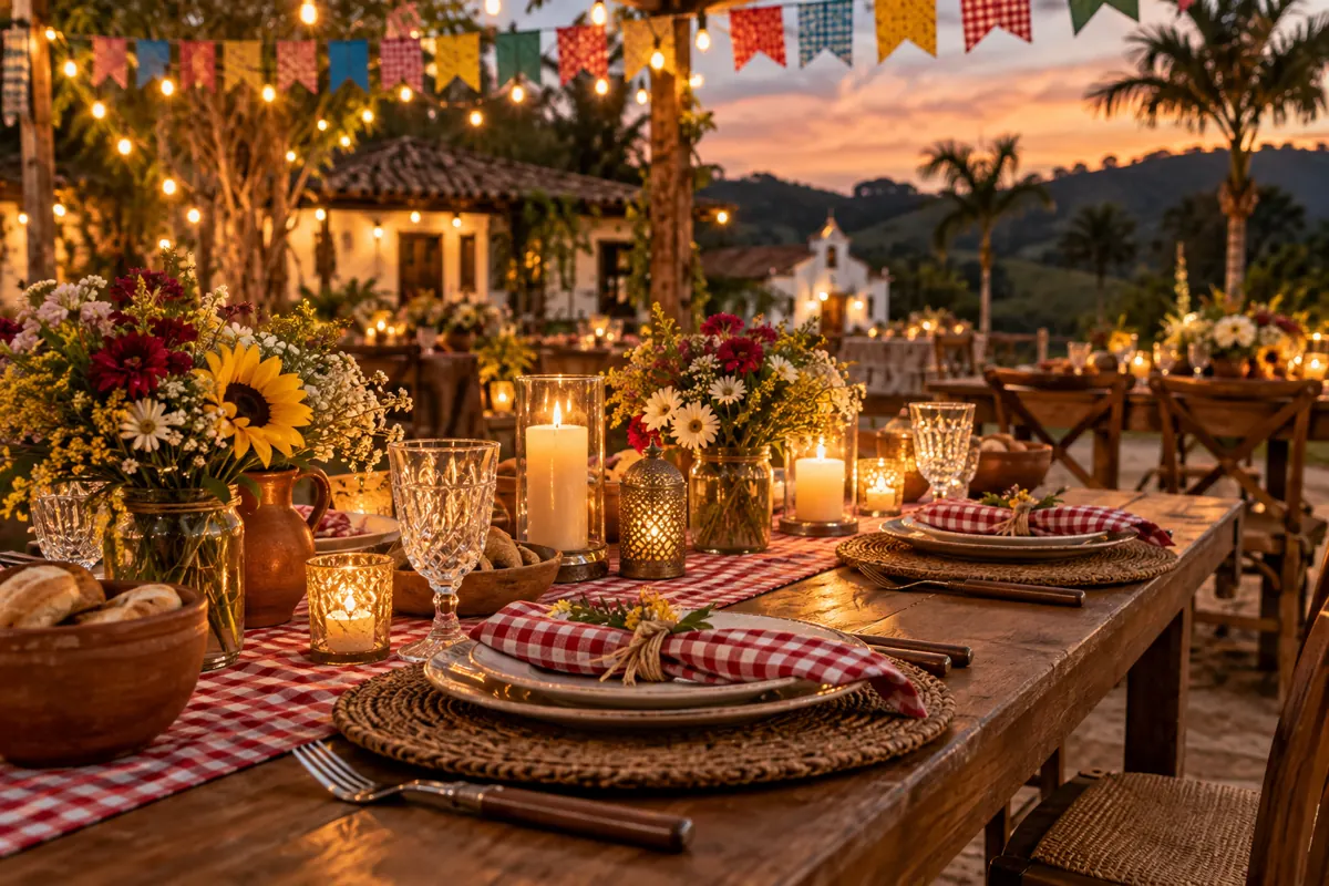 Mesa de casamento junino com flores, velas, bandeirinhas e detalhes rústicos elegantes
