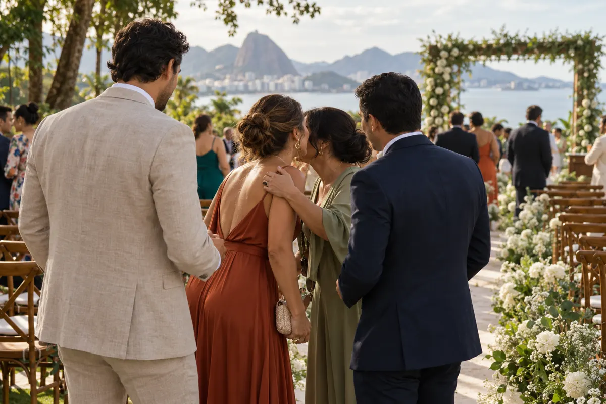 Convidados cumprimentam-se em uma cerimônia de casamento ao ar livre