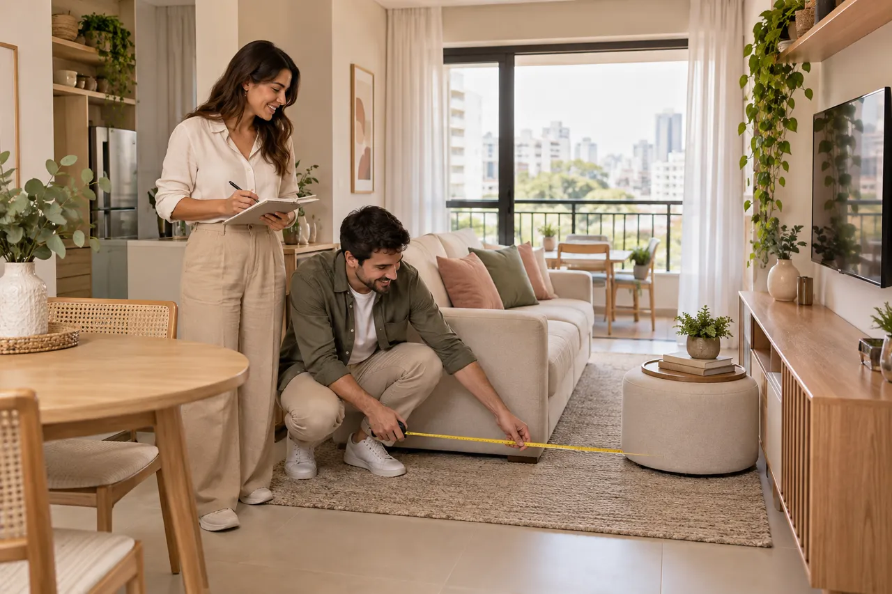 Casal recém-casado mede a sala antes de escolher os móveis da primeira casa