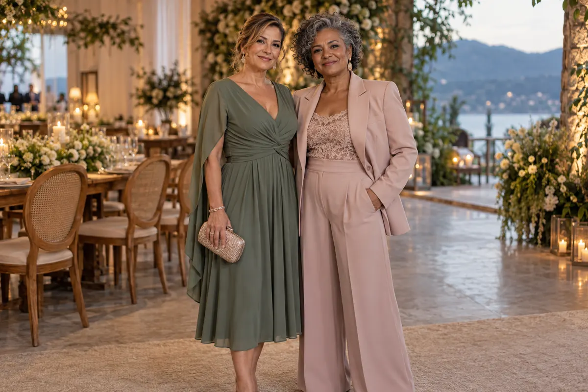 Duas mulheres com vestido e conjunto de alfaiataria em festa de casamento