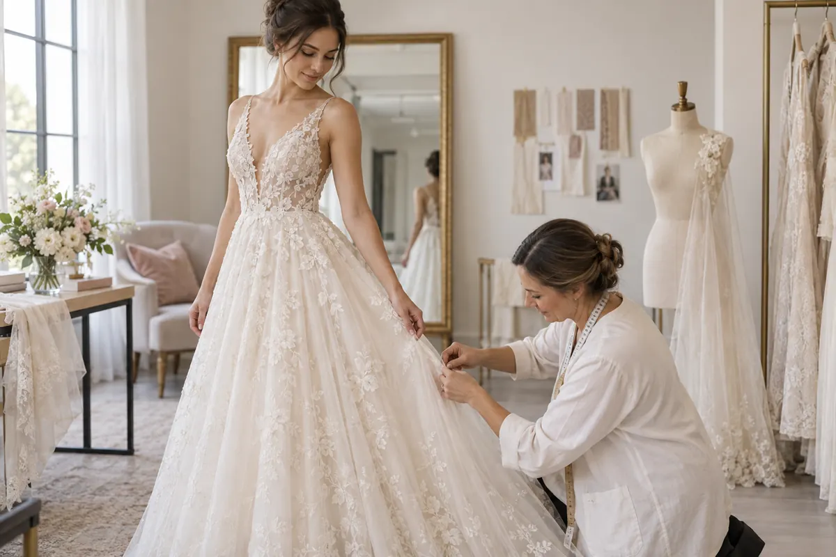 Noiva prova vestido enquanto profissional ajusta a saia em um atelier