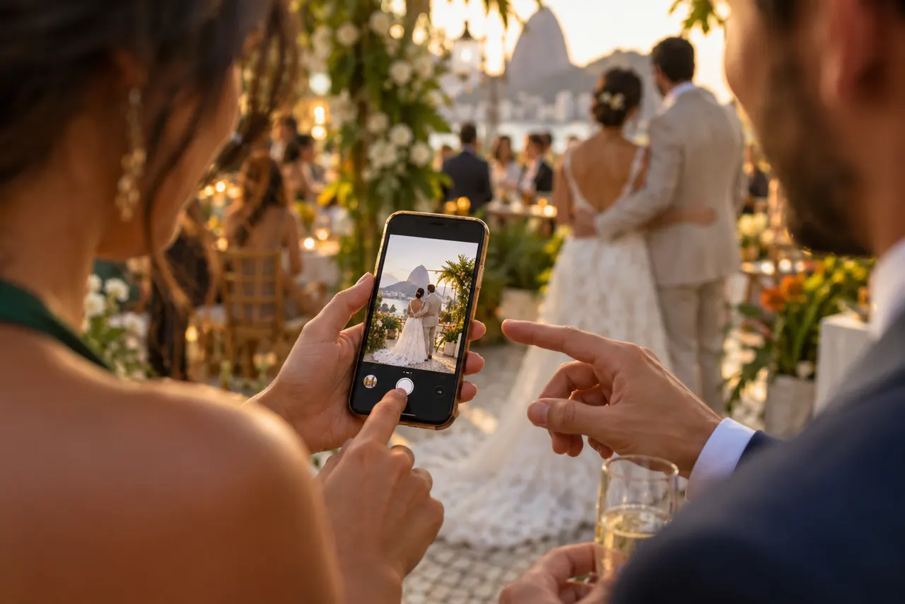Convidado fotografa discretamente um casal em festa de casamento