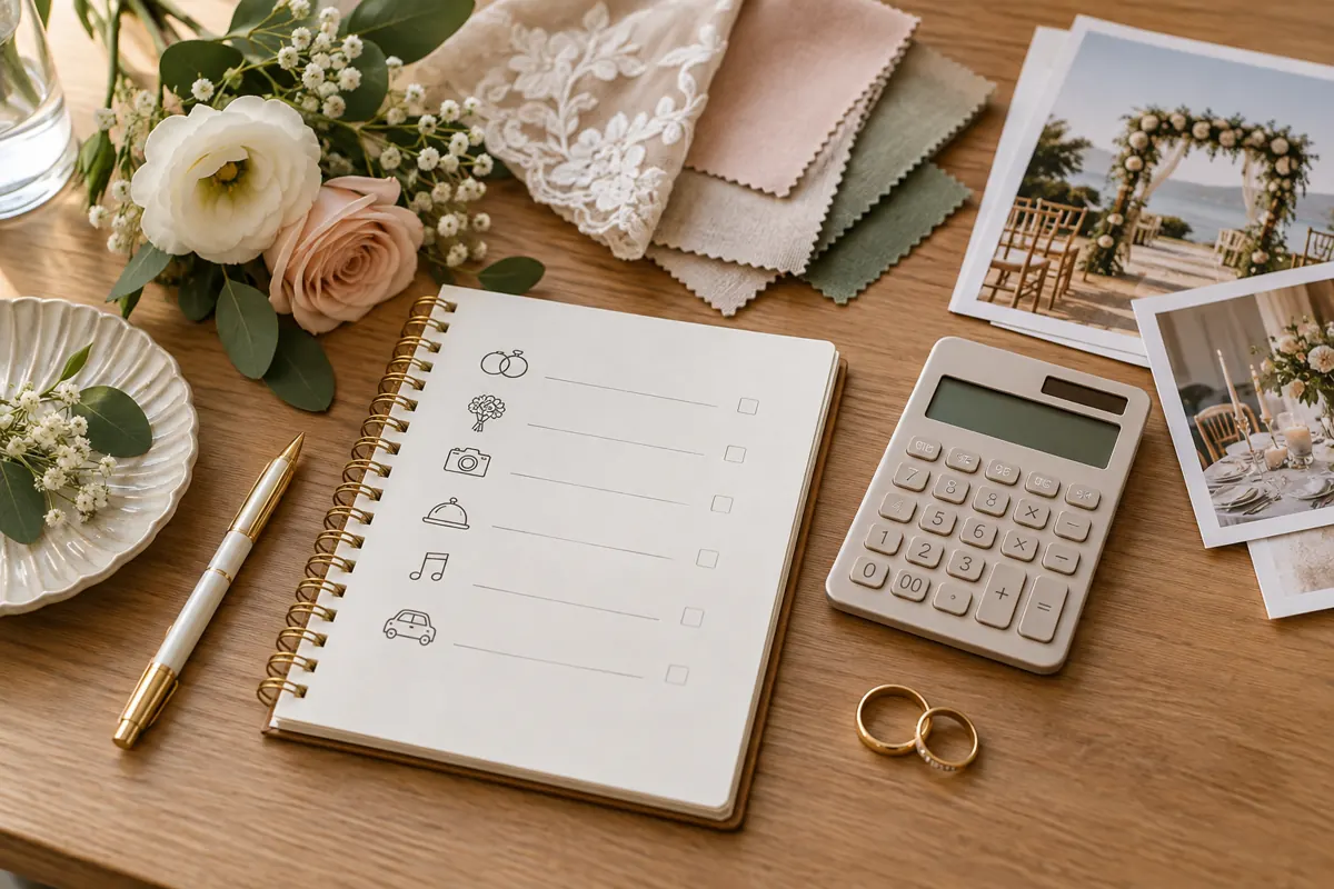 Planilha de orçamento, calculadora e amostras usadas para planejar os gastos do casamento