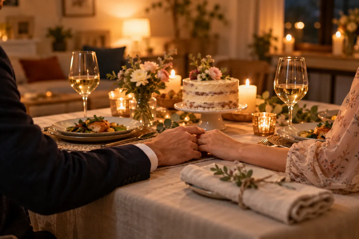Casal de mãos dadas durante jantar de aniversário de casamento