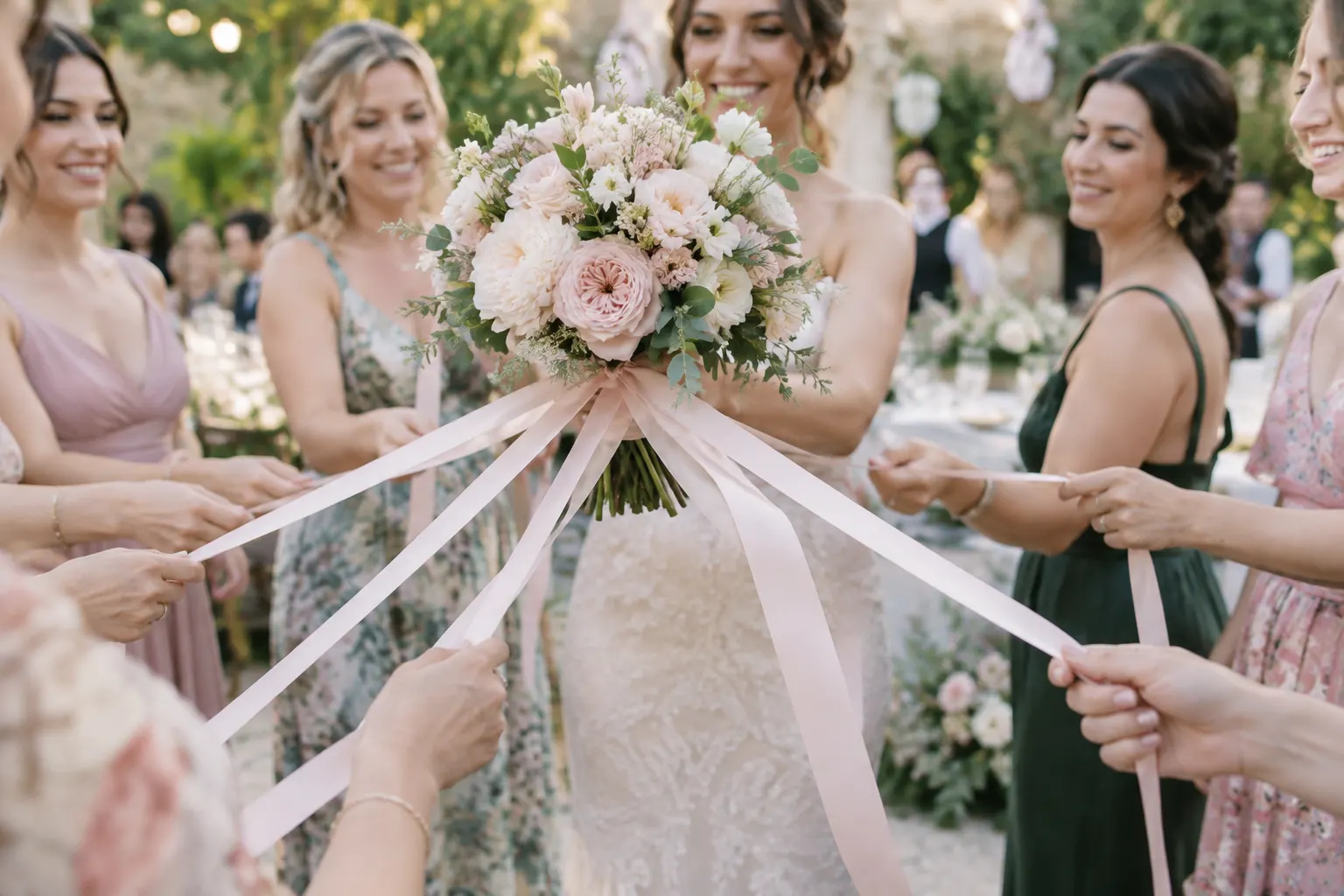 Convidados seguram fitas de cetim presas a um buquê durante brincadeira de casamento