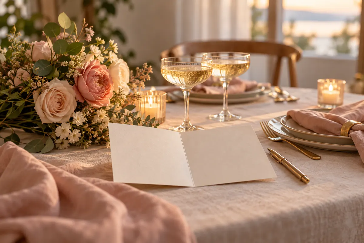 Cartão em branco, flores e mesa posta para celebrar aniversário de casamento