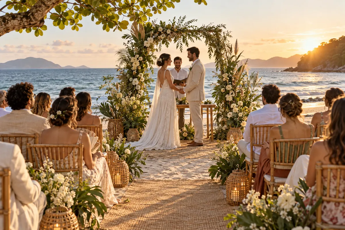 Cerimônia de casamento na praia ao pôr do sol com flores naturais