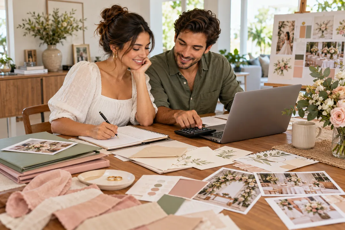 Casal organizando o orçamento do casamento com computador, calculadora e caderno