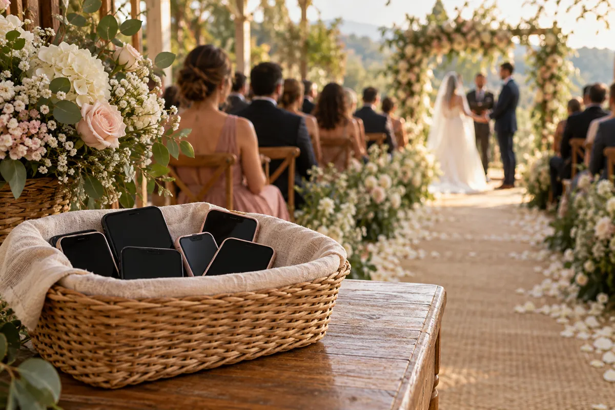 Cesta com celulares guardados na entrada de uma cerimônia de casamento