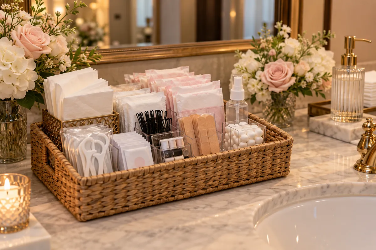 Cesta de kit toilette organizada com itens de higiene e pequenos reparos