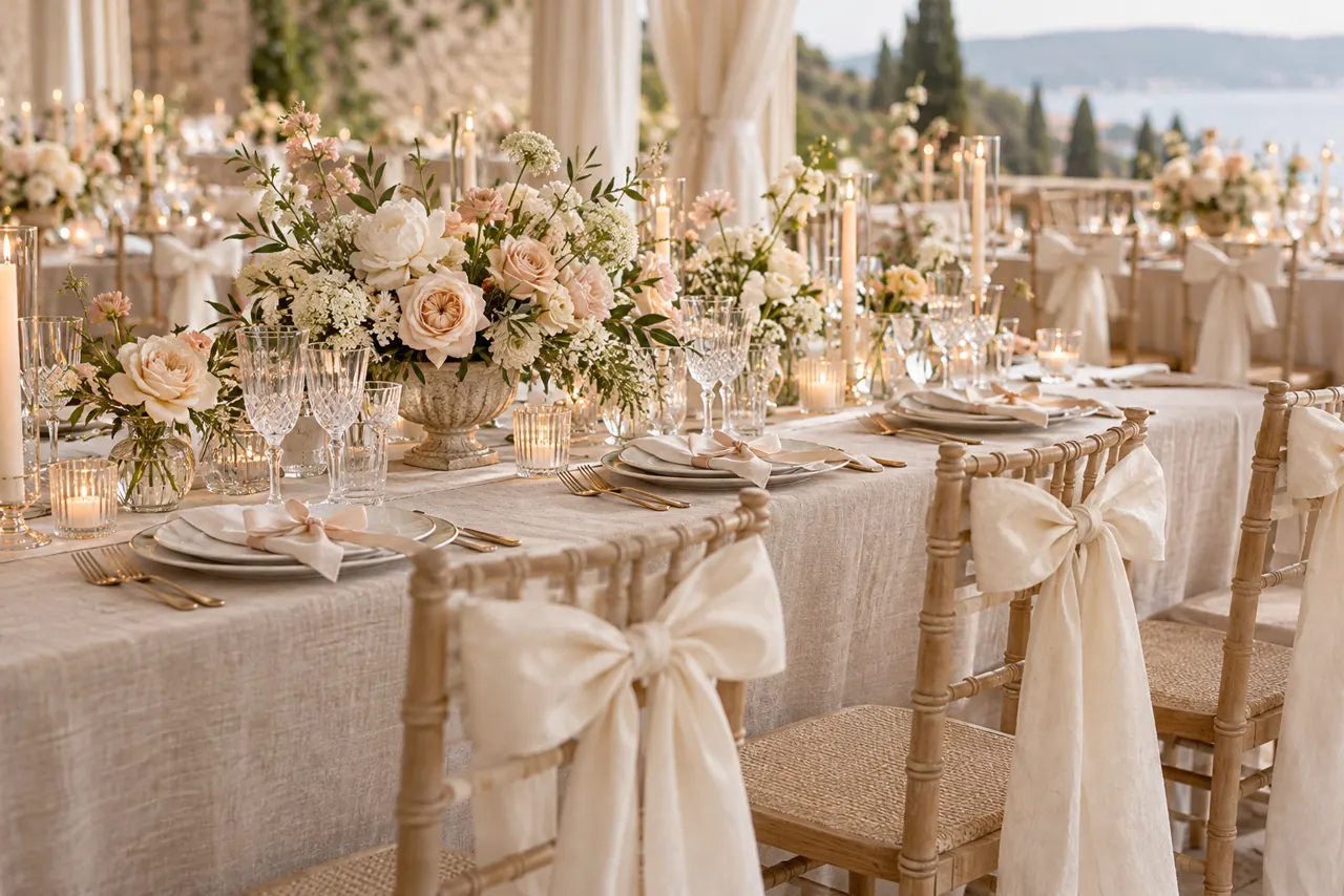 Laços de tecido claro em cadeiras e guardanapos de recepção de casamento
