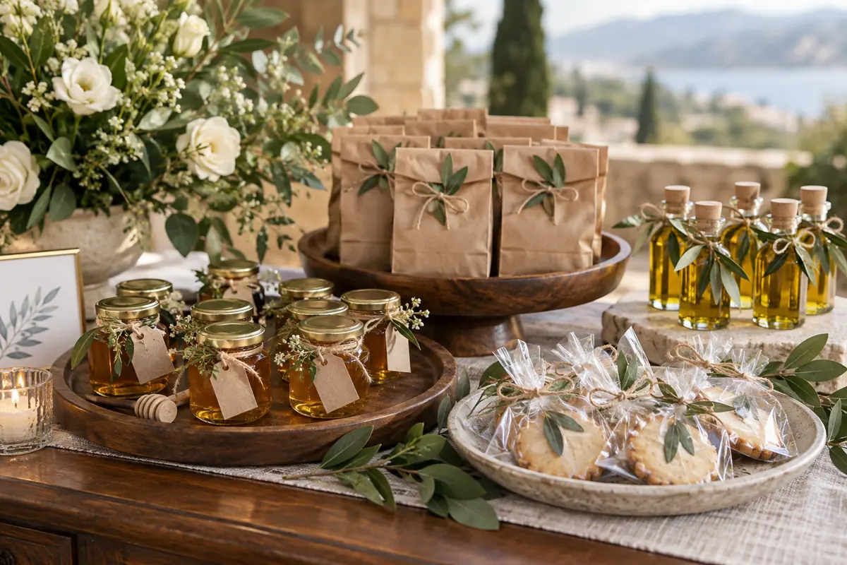 Mel, biscoitos e pequenos frascos preparados como lembrancinhas de casamento