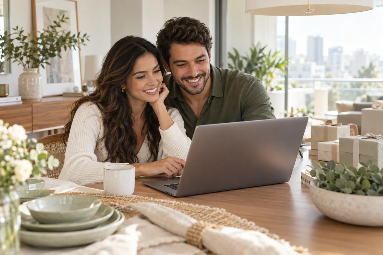 Casal monta a lista de presentes de casamento online no computador