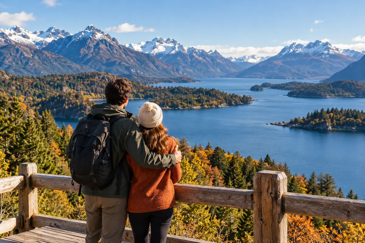 Imagem ilustrativa de casal diante de lago e montanhas inspirados na Patagônia argentina