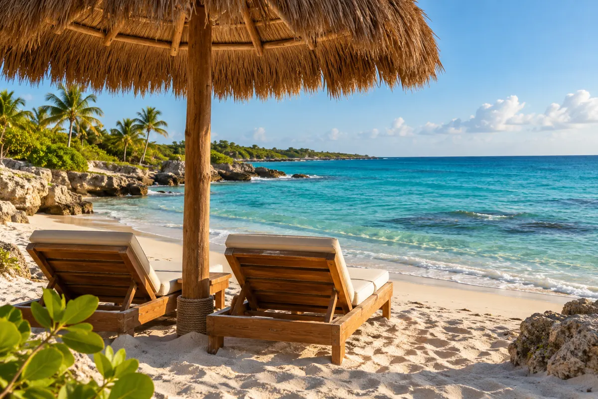 Imagem ilustrativa de duas espreguiçadeiras diante do mar inspirada no Caribe mexicano