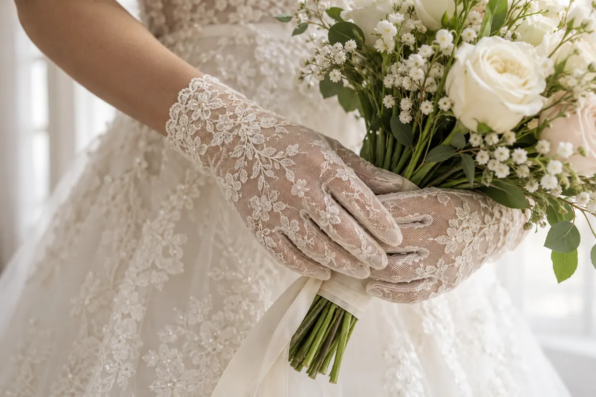 Detalhe de luvas curtas de renda clara usadas com vestido de noiva e buquê