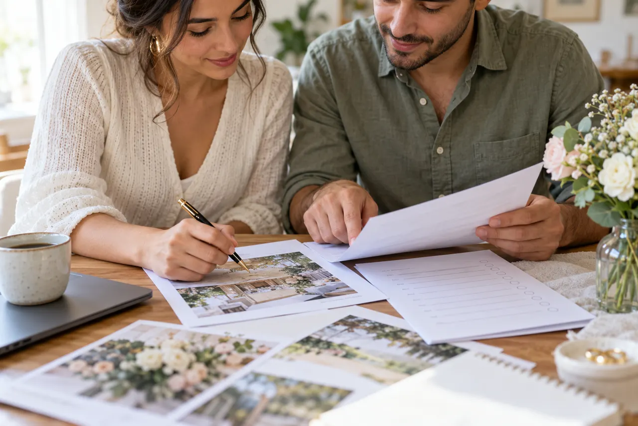 Casal analisa proposta e checklist de fornecedores de casamento