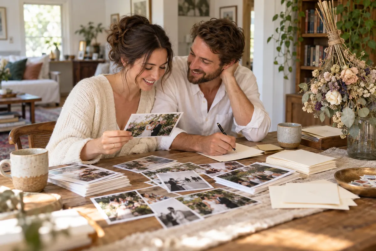 Casal escolhe fotos do casamento e escreve cartões de agradecimento em casa