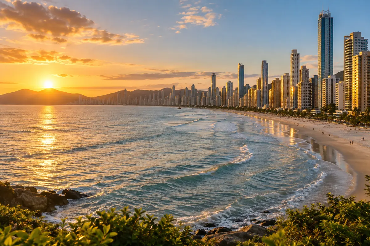 Praia e skyline de Balneário Camboriú ao pôr do sol