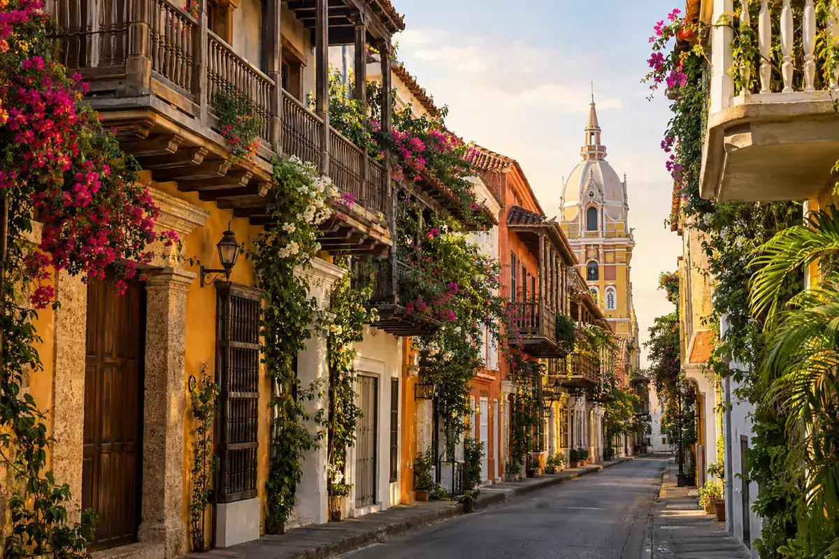 Rua colonial colorida no centro histórico de Cartagena