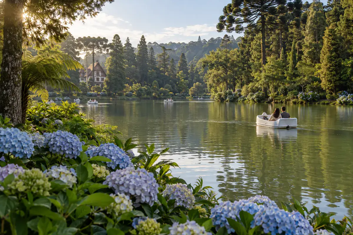 Lago Negro com hortênsias e pinheiros em Gramado