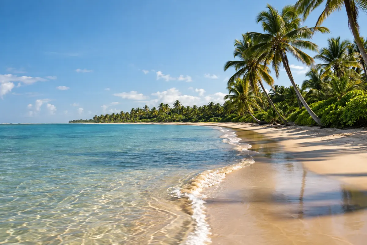 Praia tropical com coqueiros na Ilha de Comandatuba