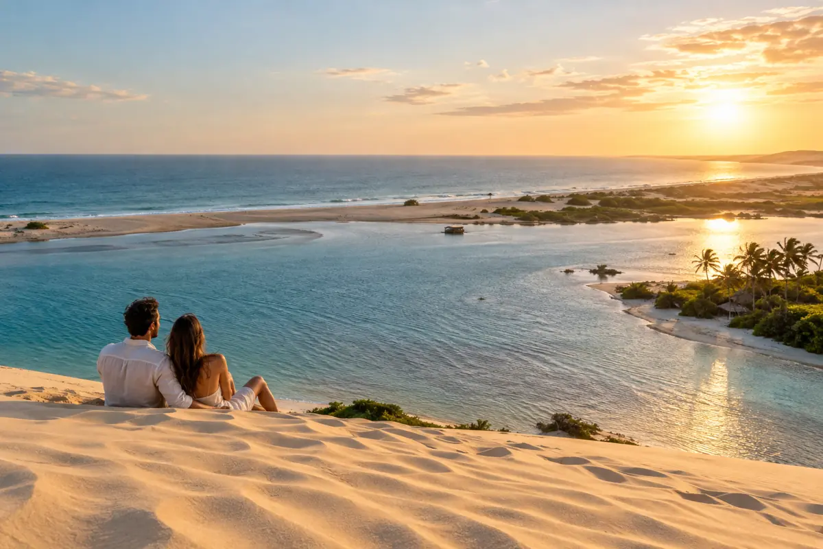 Dunas e lagoa azul em Jericoacoara ao pôr do sol