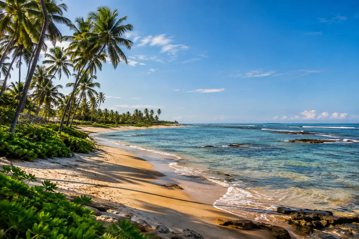 Praia com coqueiros e piscinas naturais em Mata de São João