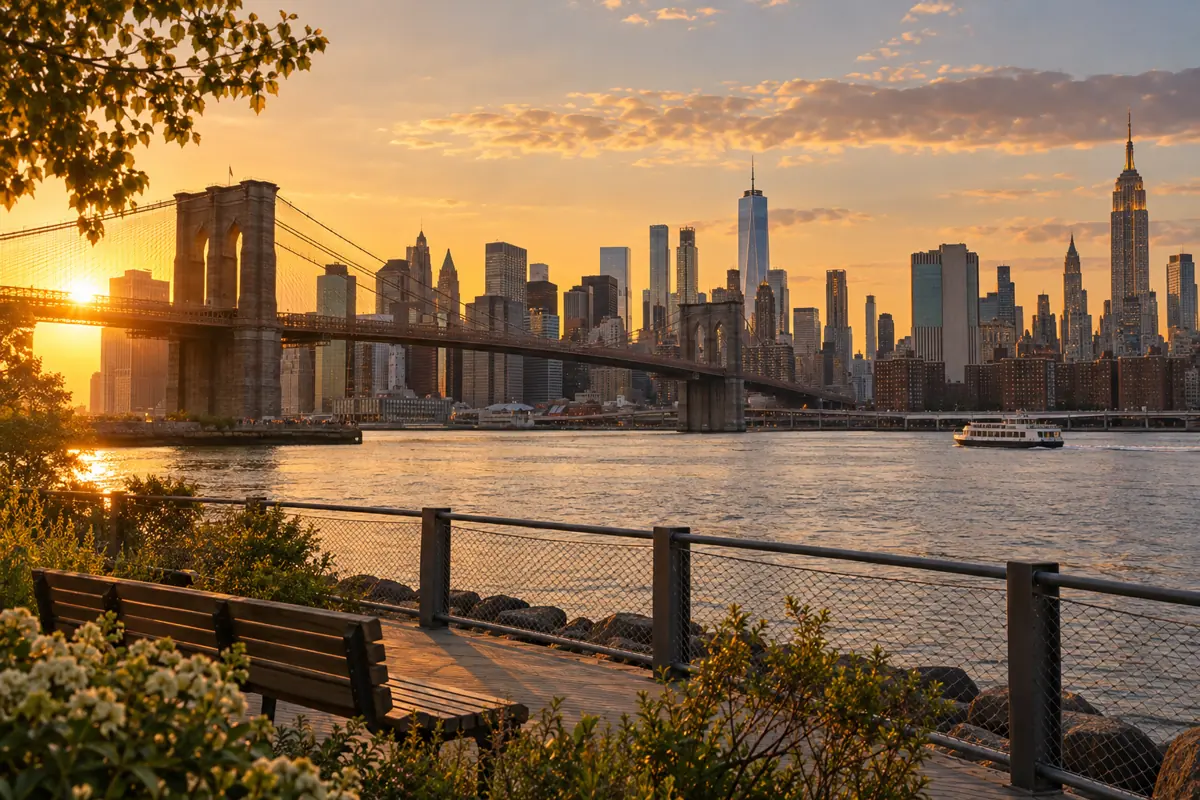 Ponte do Brooklyn e skyline de Nova York ao pôr do sol