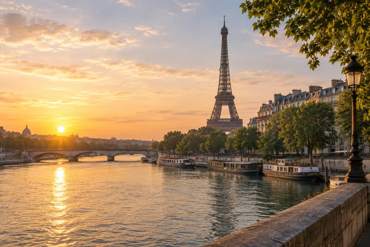 Torre Eiffel e rio Sena em Paris durante o entardecer