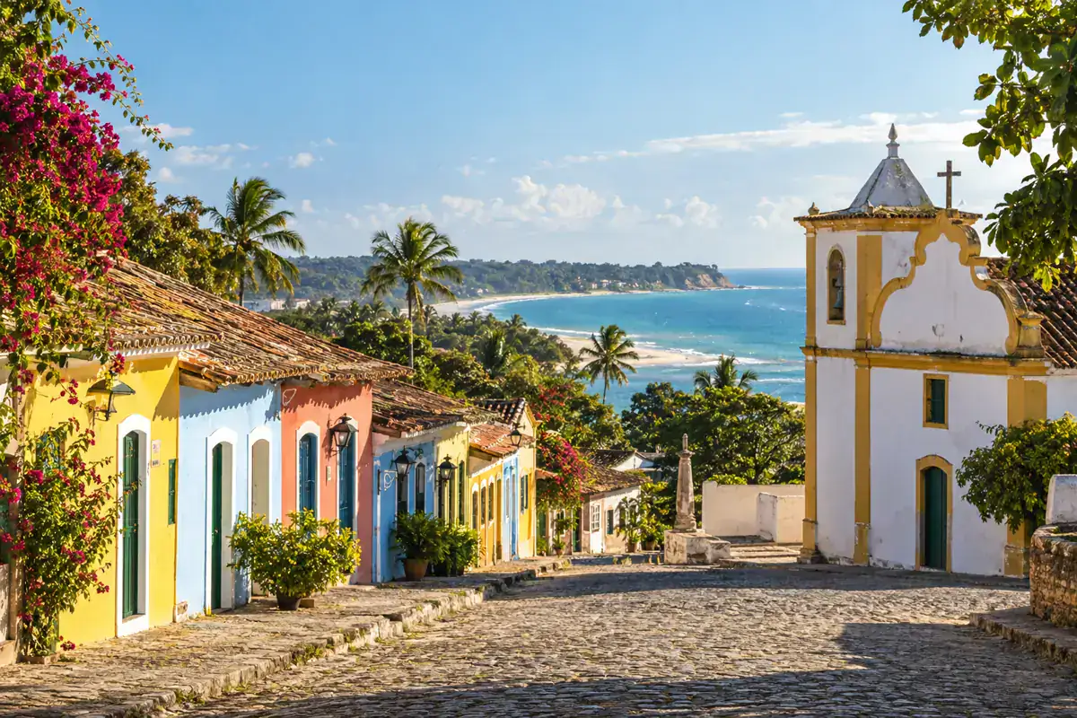 Casas coloniais coloridas e igreja histórica em Porto Seguro