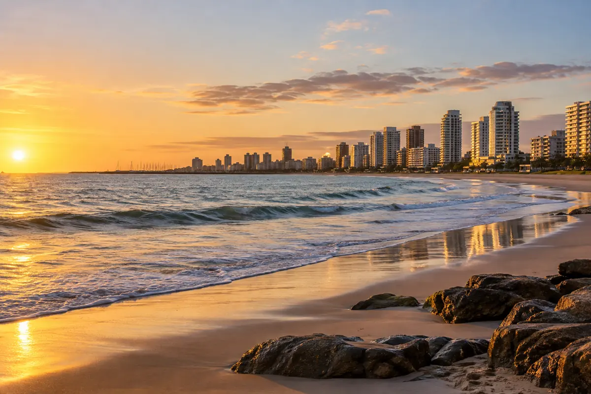 Praia e skyline de Punta del Este ao entardecer
