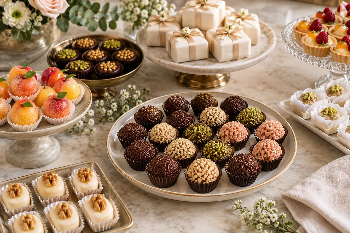Variedade de brigadeiros, doces de frutas e bem-casados para casamento