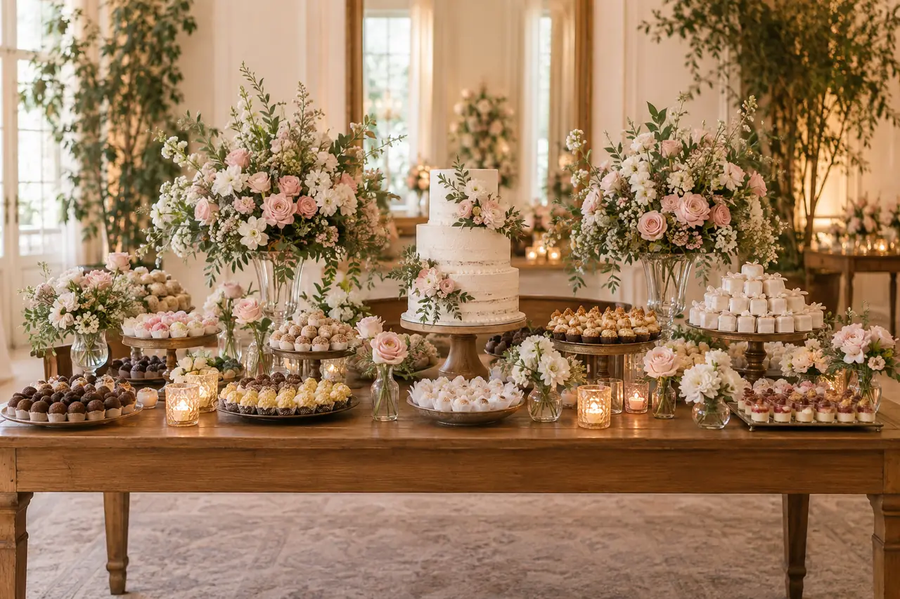 Mesa de doces de casamento com brigadeiros, bem-casados, bolo e flores em tons rosados