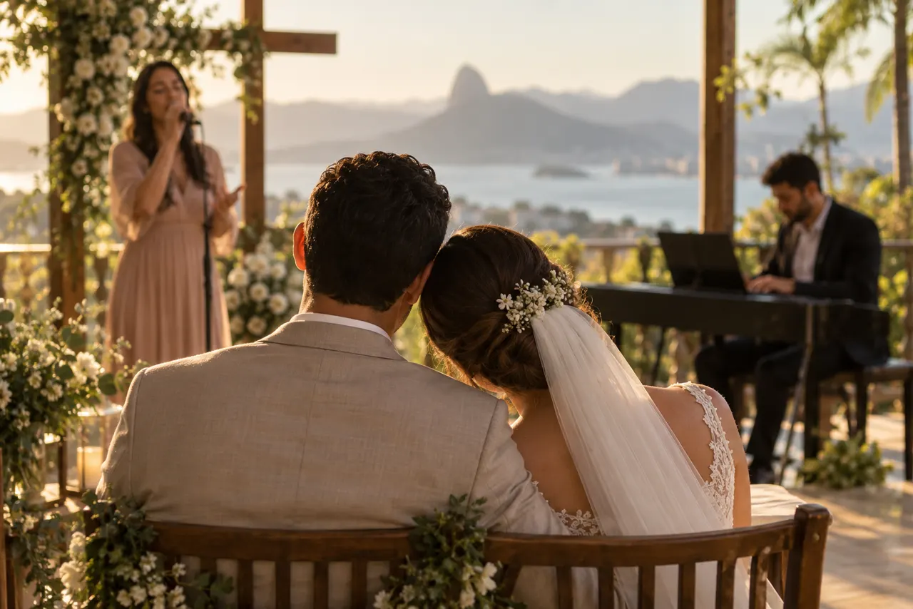 Ilustração editorial de casal ouvindo cantora e pianista durante cerimônia de casamento