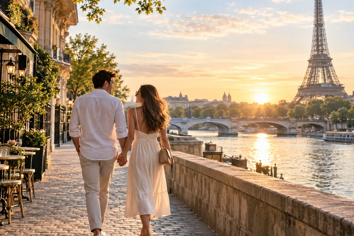Casal caminha junto às margens do Sena durante uma lua de mel em Paris