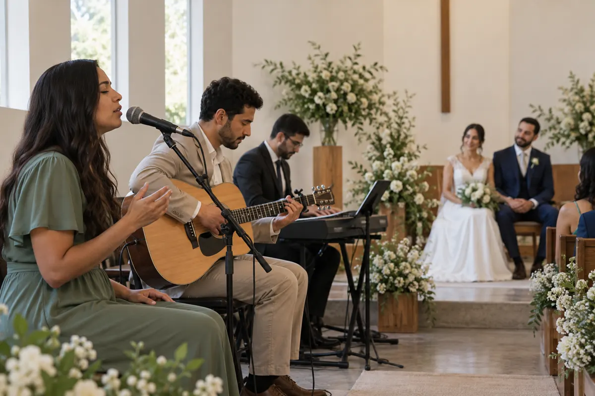 Ilustração editorial de cantora, violonista e tecladista em cerimônia de casamento cristã
