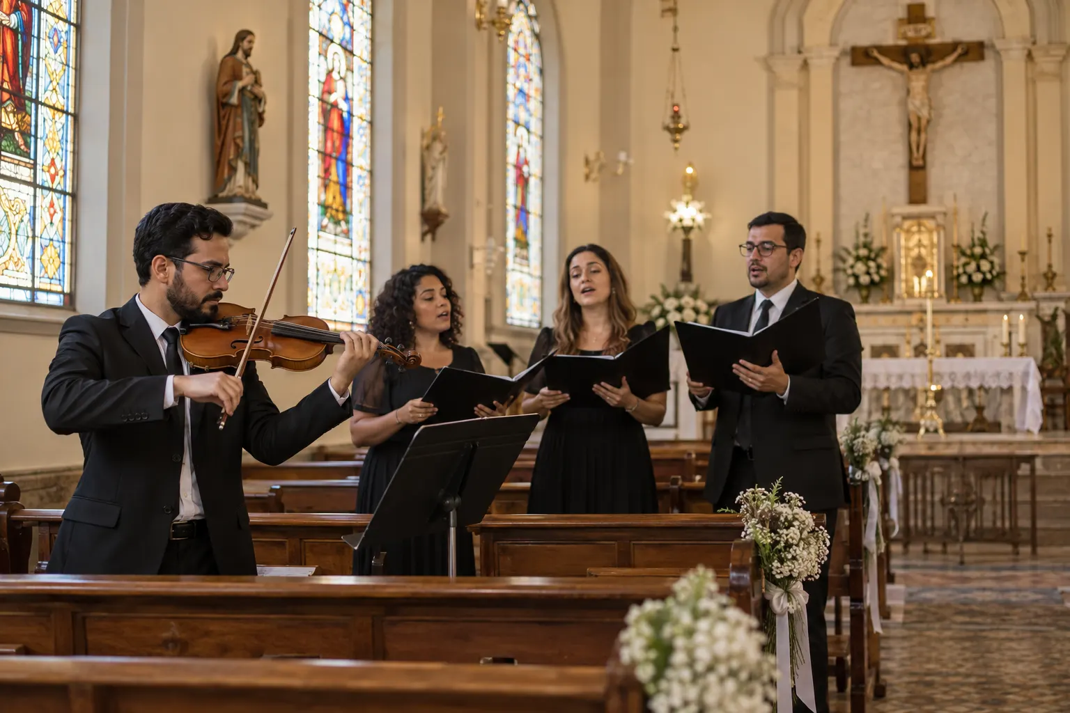 Coral e violinista ensaiam músicas para casamento católico dentro de uma igreja