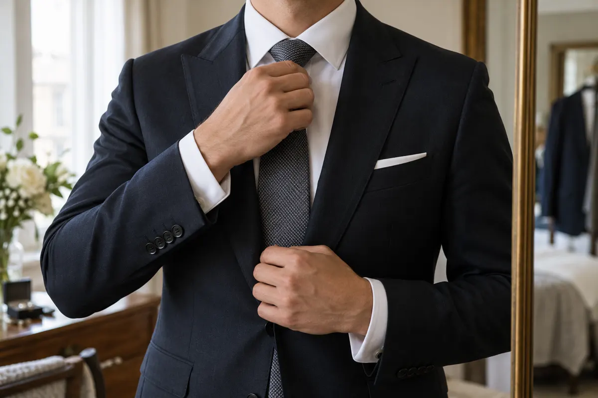 Noivo ajusta gravata cinza com terno escuro e camisa branca