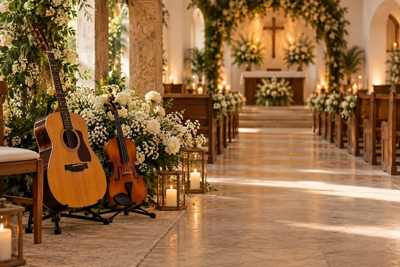 Violão e violino ao lado de flores em uma cerimônia de casamento cristã