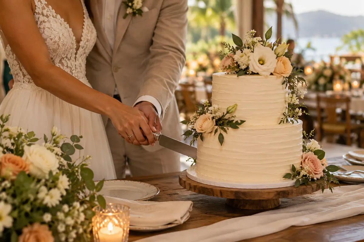 Casal corta bolo de casamento de dois andares decorado com flores claras