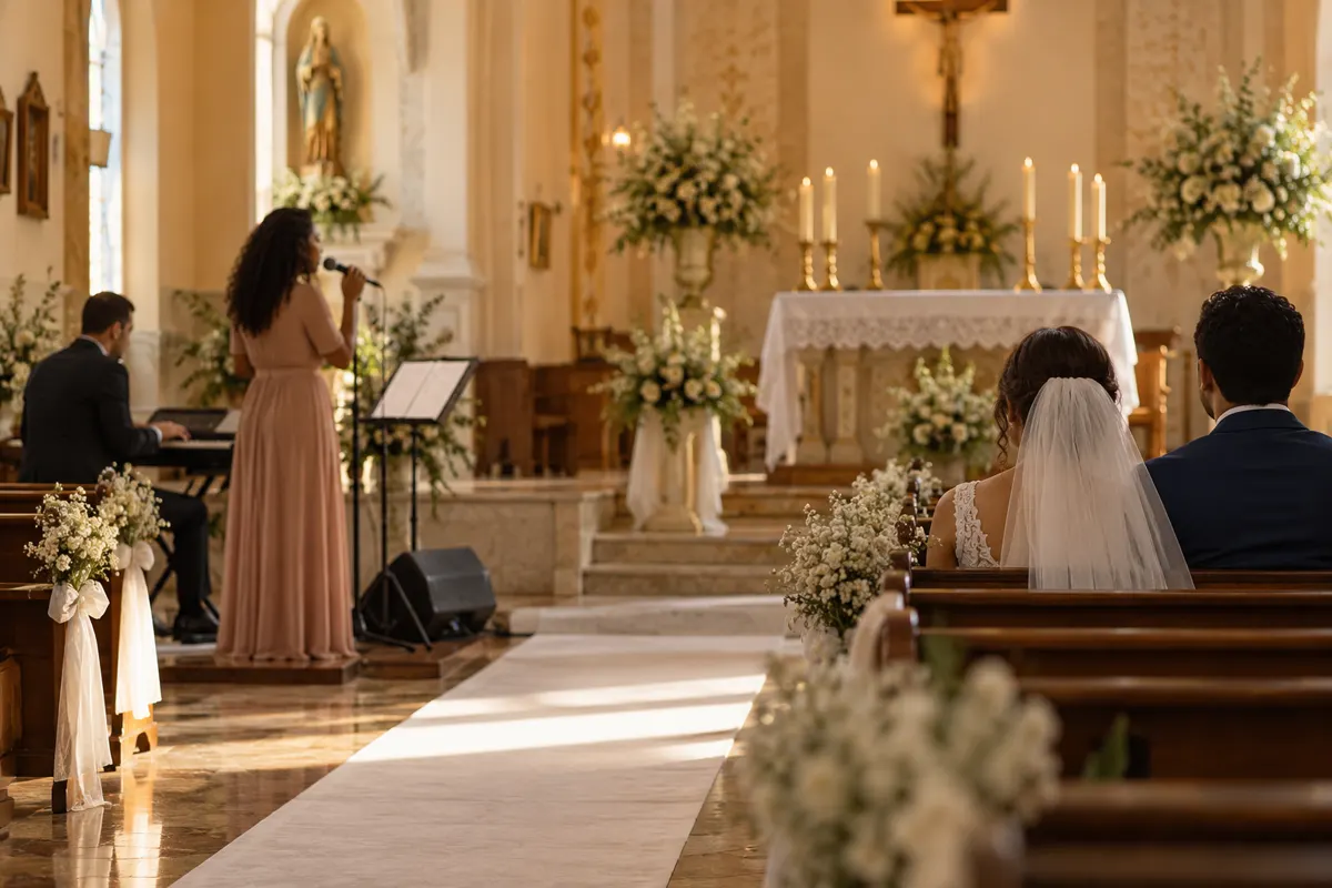Ilustração editorial de cantora e tecladista em cerimônia de casamento