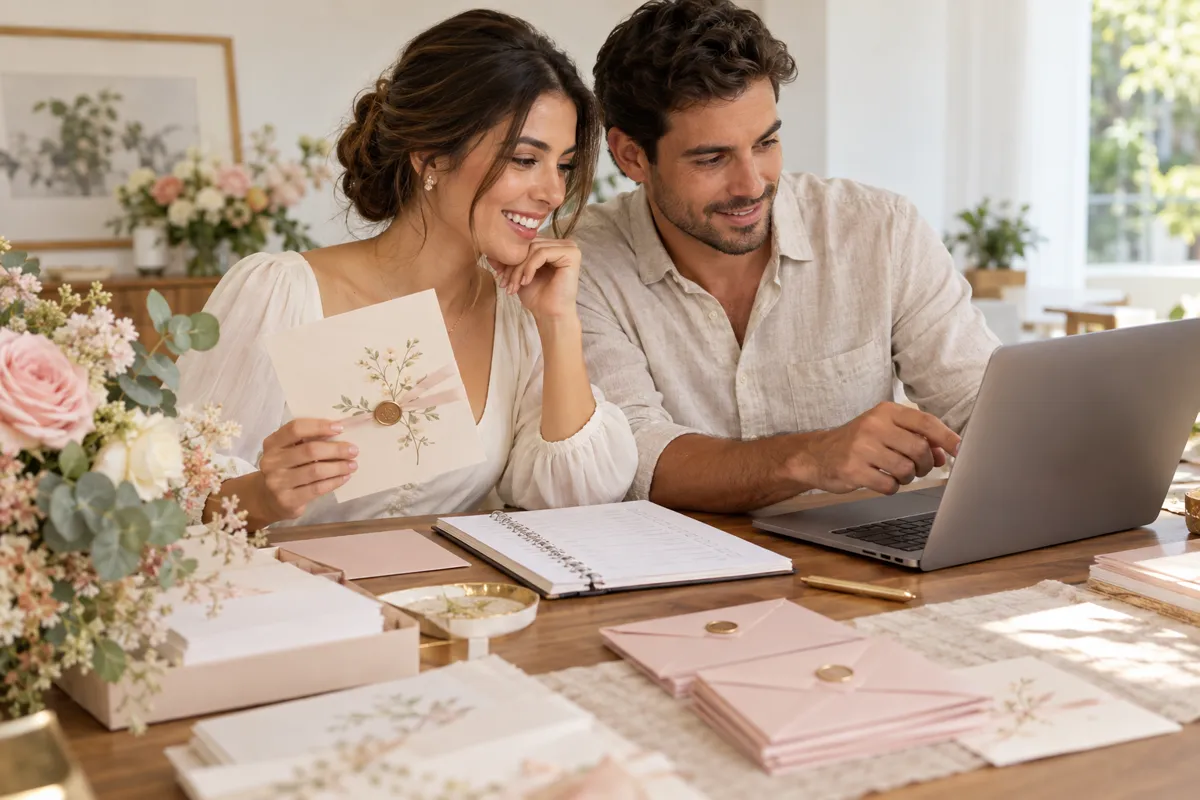 Casal conferindo respostas dos convidados ao lado de convites de casamento