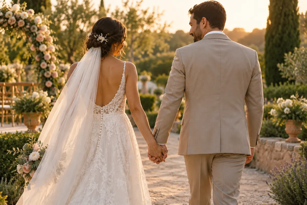 Casal recém-casado caminhando de mãos dadas após a cerimônia