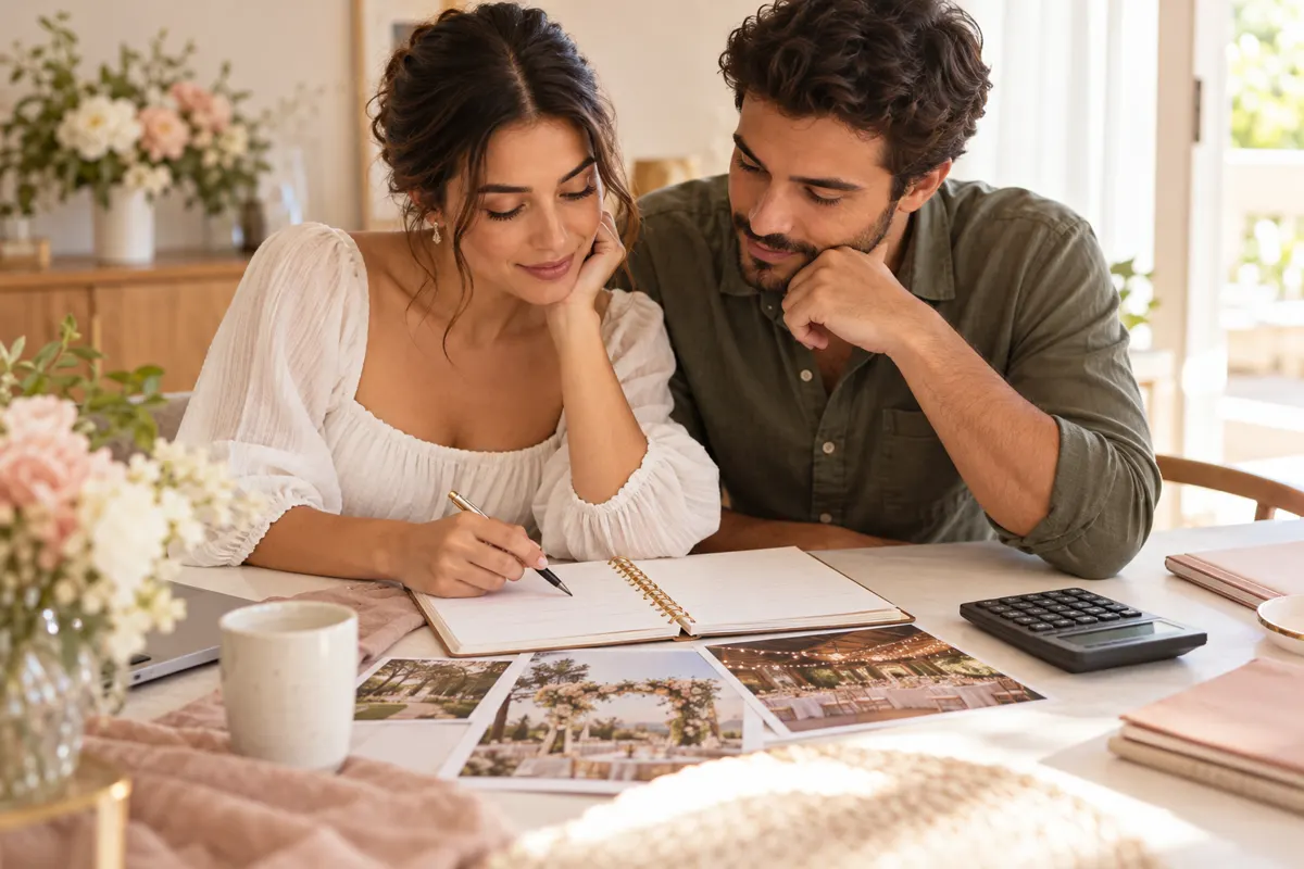 Casal comparando ideias e orçamento para o casamento