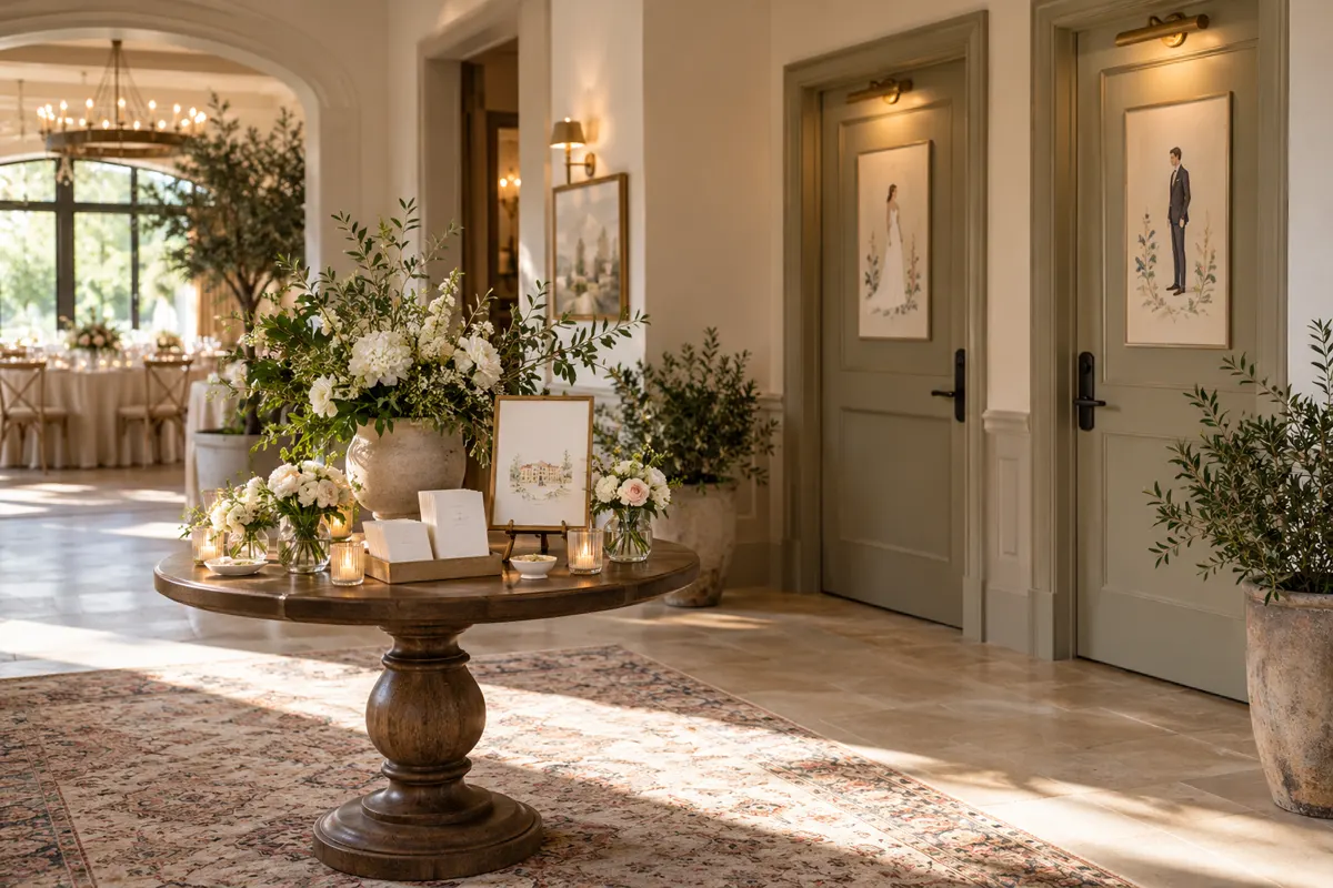 Entrada de festa de casamento com sinalização ilustrada e mesa de boas-vindas