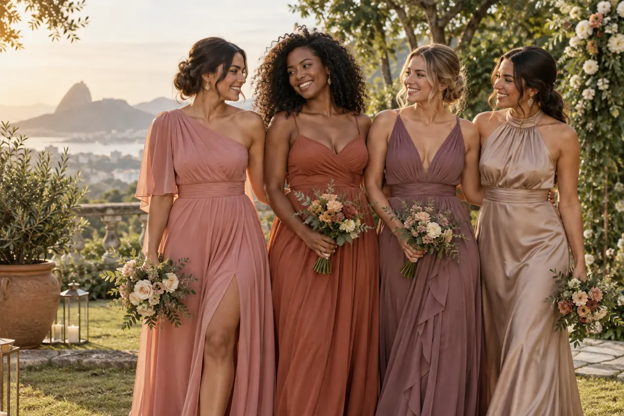Madrinhas com vestidos em tons coordenados de rosa, terracota, malva e champanhe