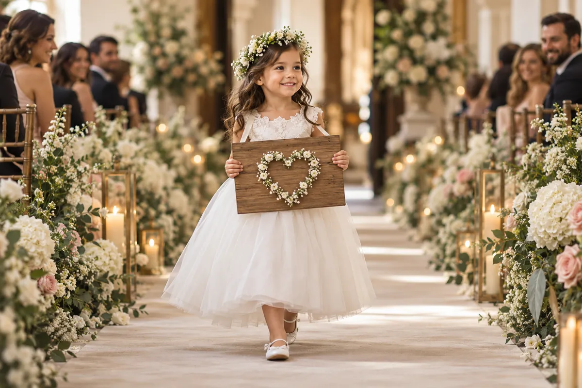 Daminha caminhando pelo corredor da cerimônia com placa de madeira decorada com flores