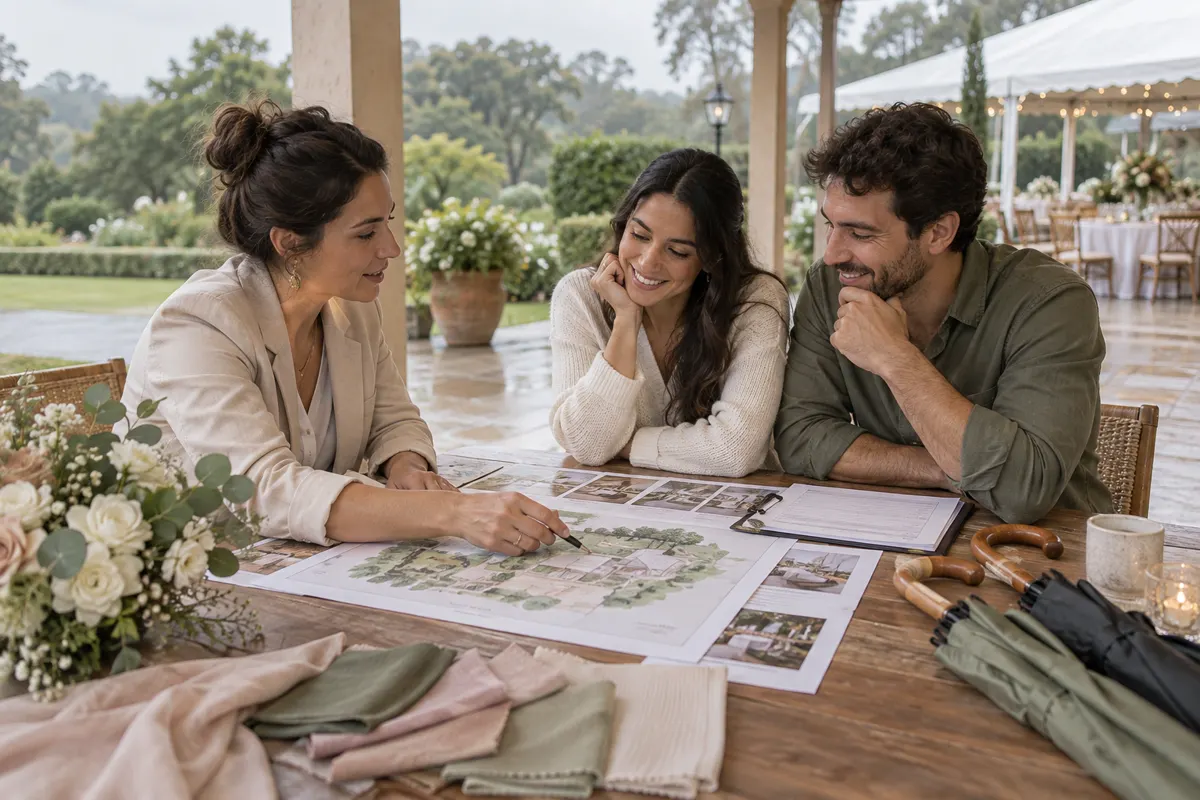 Casal e assessora revisam o plano para chuva em um casamento ao ar livre