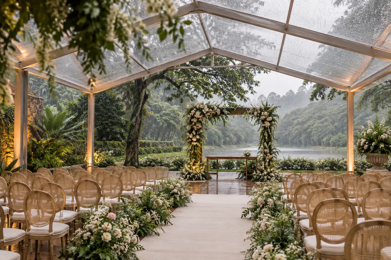 Cerimônia de casamento em jardim protegida por uma cobertura transparente durante chuva leve
